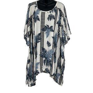 Kamohoalii Womens XXL Rayon Kaftan Top Blue Fern Tunic Scoop Aloha Hawaiian EUC